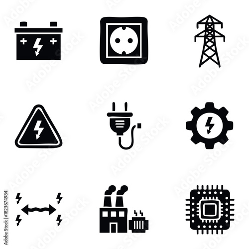 Collection of electric energy icons including battery, outlet, pylon, warning sign, plug, gear, power flow, factory, and microchip for power and technology concepts.
