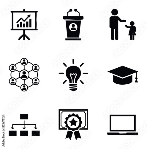 Set of business and education icons depicting success, communication, ideas, and achievements for presentations and learning materials