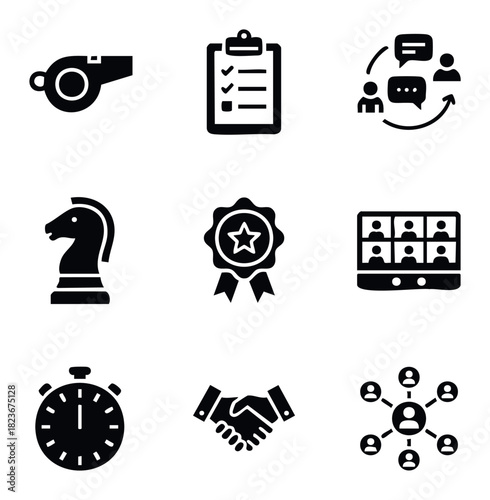 Set of business and sports icons including whistle, checklist, communication, chess, award, video conference, stopwatch, handshake, and network for presentations and projects.