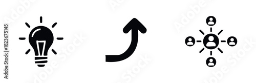 Concept of innovation leading to progress and collaboration shown through icons of a lightbulb, upward arrow, and network of people for business and technology presentations