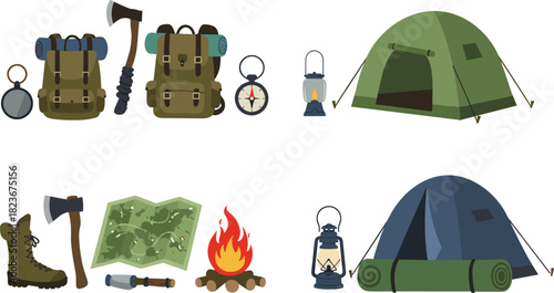 Outdoor camping equipment set with tents, backpacks, campfire, lanterns, maps, boots, axe, compass and survival tools for adventure travel