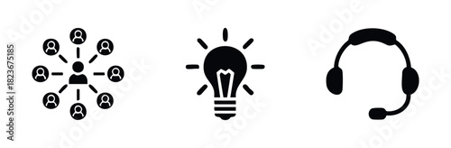 Collection of modern flat icons representing teamwork, ideas, and communication services for business and technology themes.