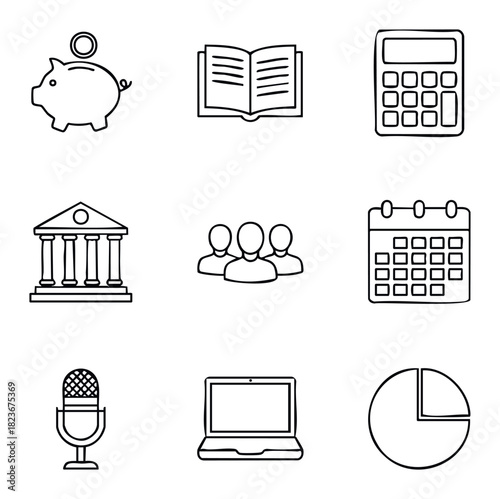 Collection of nine simple line icons representing business and finance concepts like piggy bank, book, calculator, bank, people, calendar, microphone, laptop, and pie chart for