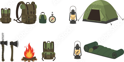 Camping gear equipment illustration set with backpacks, tent, lantern, campfire, axes, sleeping bag, compass, and outdoor adventure essentials