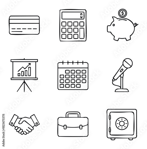 Collection of simple line art icons representing business finance and success concepts like piggy bank calculator credit card handshake and briefcase for commercial use