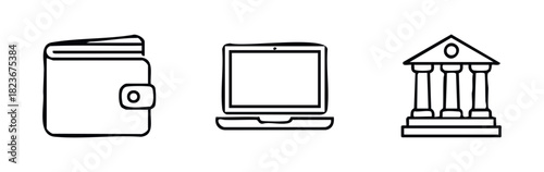 Simple outline icons representing financial concepts like a wallet for cash, a laptop for online banking, and a courthouse for institutions, suitable for business and finance related