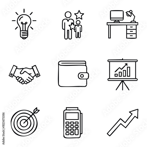 Collection of business and finance icons representing ideas, teamwork, office work, partnership, savings, growth, strategy, and payments for presentations and marketing materials.