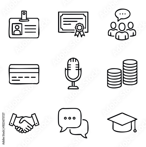 Collection of business and finance icons including ID badge, certificate, handshake, credit card, microphone, graduation cap, and coins representing work success and professional growth