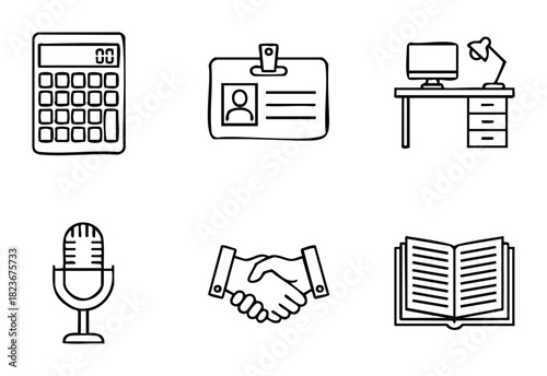 Collection of business and office icons including calculator, ID badge, desk with computer and lamp, microphone, handshake, and open book for presentations and reports