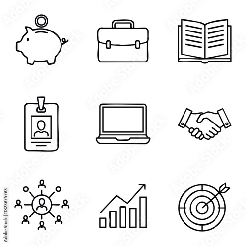 Collection of nine business related icons including a piggy bank, briefcase, open book, ID card, laptop, handshake, team network, growth chart, and target for use in presentations and