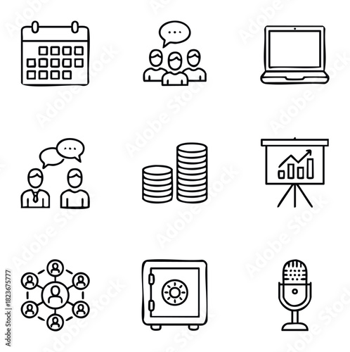 Collection of simple black and white business icons for meetings, finance, planning, and communication, suitable for presentations and web usage