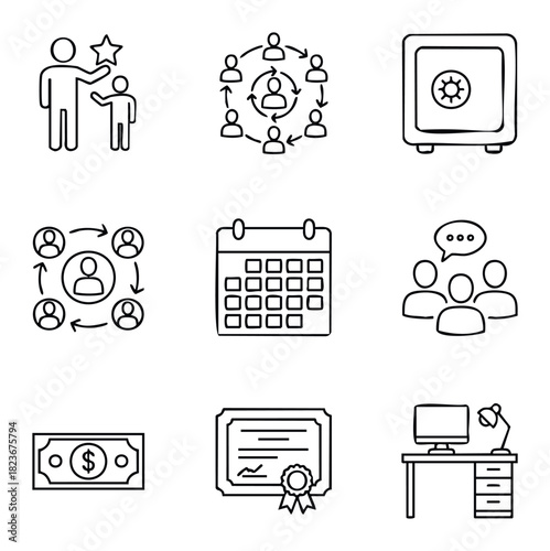 Collection of business and finance icons symbolizing teamwork, success, security, communication, and career achievements for professional use in presentations and marketing materials