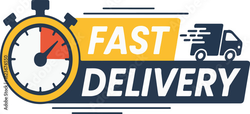 Fast Delivery Service Label with Stopwatch and Truck Icon - Quick Shipping Vector Fast, Delivery, Service, Label, Stopwatch, Truck, Icon, Quick, Shipping, Time, Transport, Express, Logistic, Speed, 