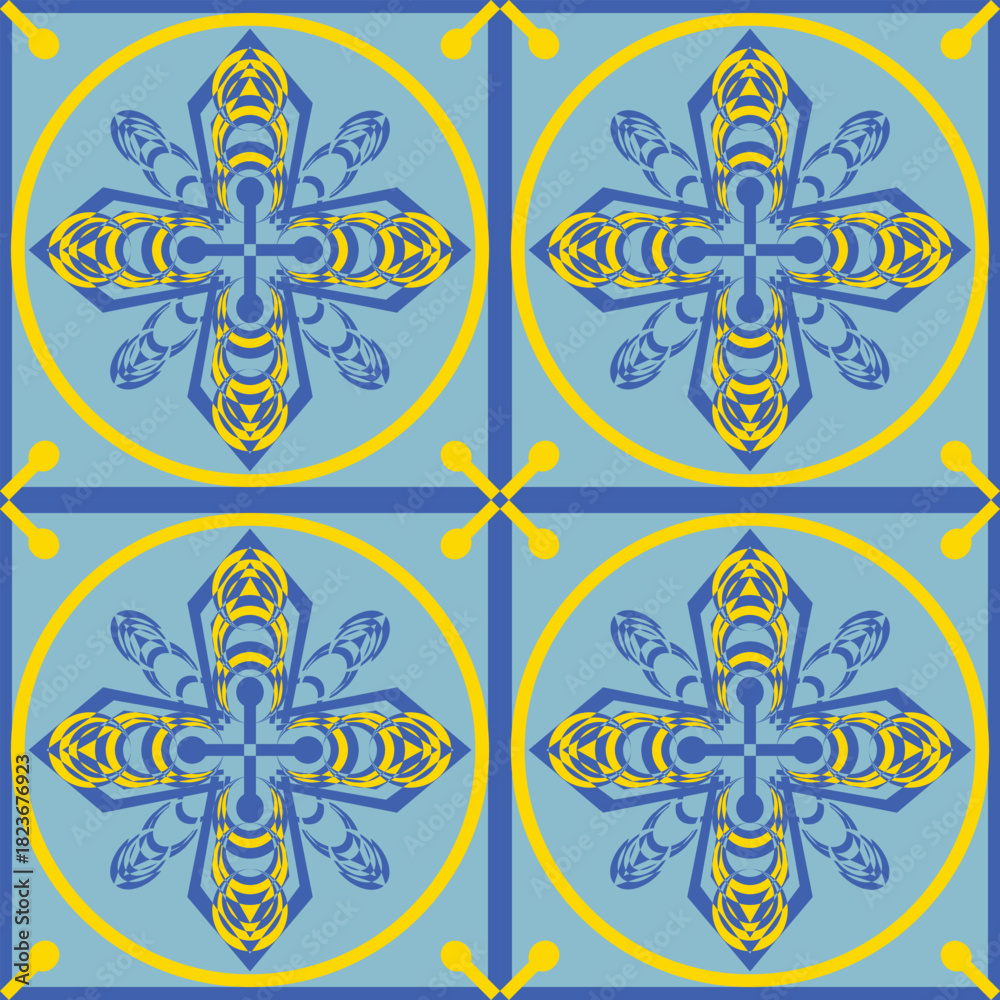 Fototapeta premium A geometric floral tile pattern in blue and yellow, ideal for wall art, fabric prints, decorative backgrounds, or pattern design projects. Suitable for modern or Mediterranean-inspired themes.