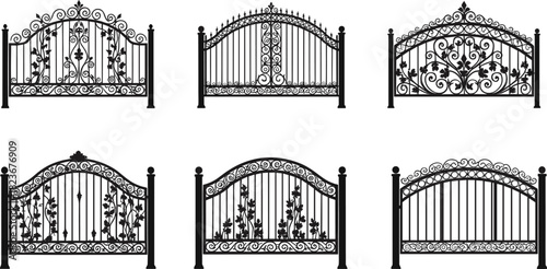 Elegant wrought iron gate designs collection featuring ornamental floral patterns, vintage metalwork details, decorative garden entrance elements, and classic artistic craftsmanship