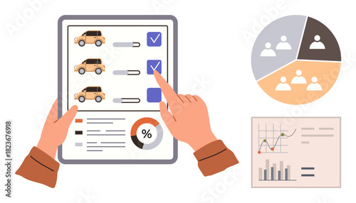 Hands interacting with tablet interface for car selection, pie chart for demographics, and bar graph for analysis. Ideal for business, statistics, technology, decisions, planning, strategy data