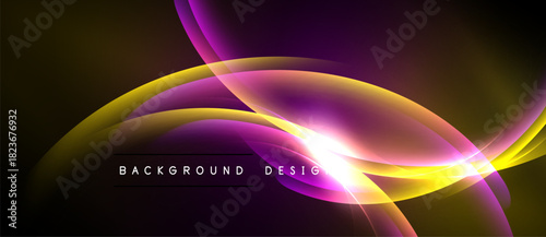 Abstract flowing shapes, vibrant colors, dynamic light effects. Background features smooth gradients, modern design elements.