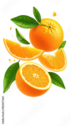Vibrant orange display whole, sliced fruit with green leaves