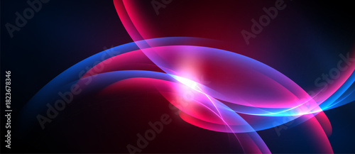 Abstract flowing shapes, vibrant colors, dynamic composition. Light radiates from central point, creating energy. Dark background enhances luminosity.