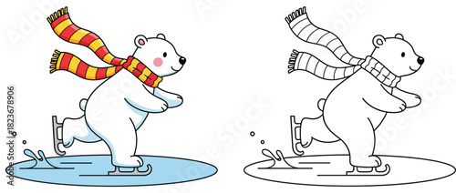 Cute polar bear ice skating wearing scarf vector illustration with black and white coloring page outline isolated on white background.