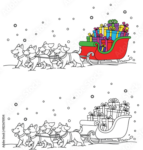 Cute dogs pulling Christmas sleigh full of gifts vector illustration with black and white coloring page outline isolated on white background.