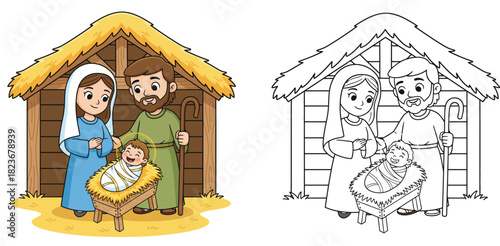 Cute Nativity scene vector illustration featuring Mary Joseph and Baby Jesus in a stable with black and white coloring page outline isolated on white background.