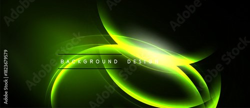 Abstract green lines create dynamic flow. Bright glow emphasizes curves against dark background. Text reads background design.