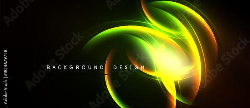Bright abstract lines form swirling shapes. Vivid green, yellow, orange glow against dark background. Modern design element.