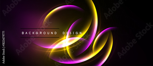 Abstract design features vibrant glowing curves. Purple, yellow hues blend against dark backdrop. Modern aesthetic, dynamic composition.