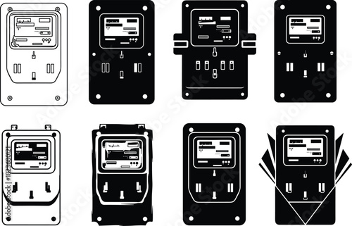 Electrical outlet silhouette set, smart socket designs, digital interface styles, flat vector, home appliance illustration