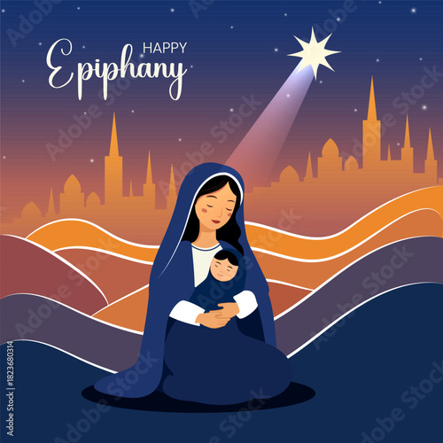Creative minimalistic vector illustration on Happy Epiphany Day. Christian festival to Faith on the Divinity of Jesus. 