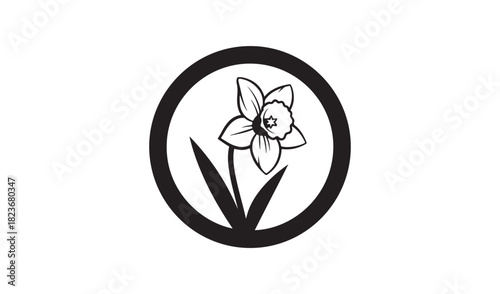 Oval black outline emblem featuring a simple daffodil flower illustration