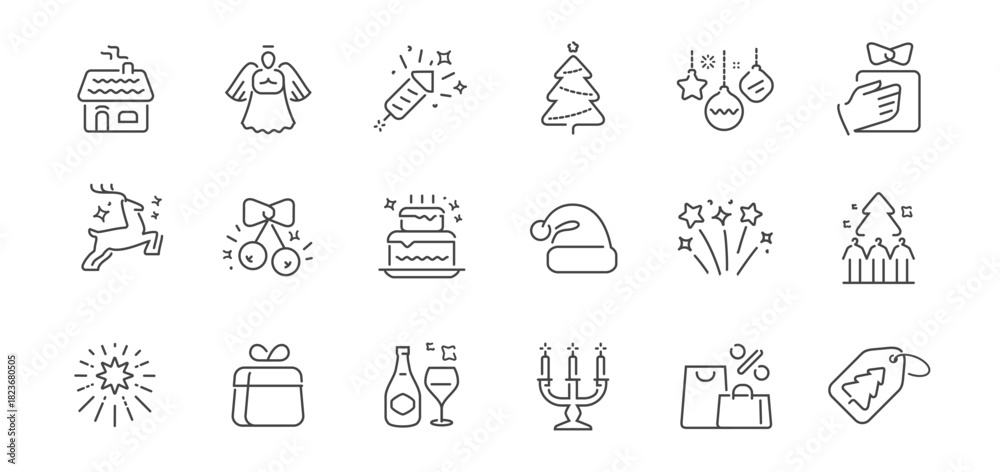 Fototapeta premium Christmas icons set. New Year celebration concept. Winter holidays decoration linear symbols collection