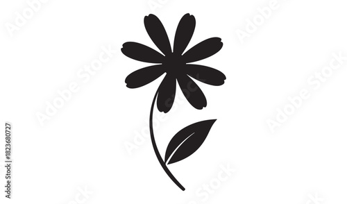 Simple black silhouette of a daisy flower with stem and leaf