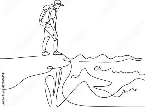 Continuous line art illustration of hiker standing on cliff looking down with handmade contour