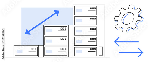Server stacks of varying sizes and a cogwheel with arrows emphasize scalability, growth, and system optimization. Ideal for data management, growth, cloud computing, scalability, efficiency, IT
