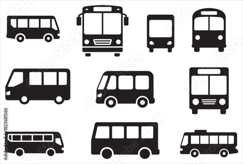 A collection of simple black silhouettes depicting various styles of buses