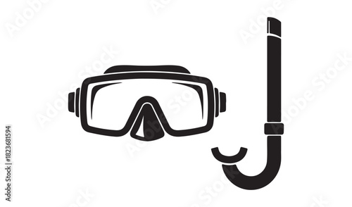 Black silhouette of a snorkel mask and tube on white background