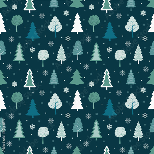 Seamless winter  pattern with forest trees and snowflakes in soft blue-green tones. For gift wrap, fabrics, wallpapers, holiday branding, seasonal decor. Vector illustration on dark blue background.