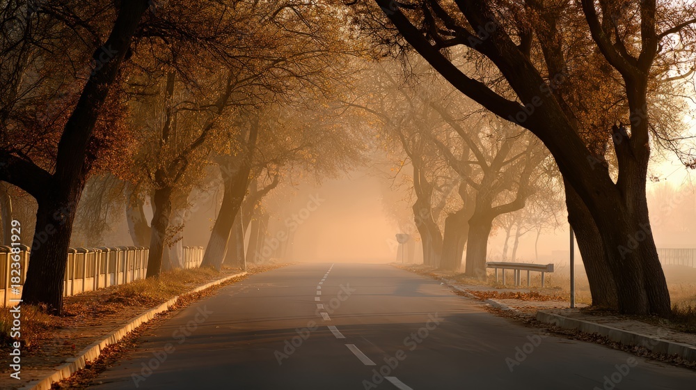 Fototapeta premium Autumn Avenue Silhouette with Soft Amber Glow