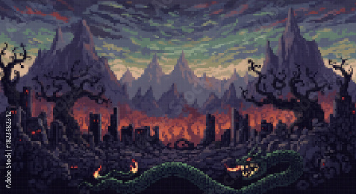Pixel art giant green serpent guarding ruined city remnants against a backdrop of jagged mountains and a cloudy sky in a dark fantasy setting.