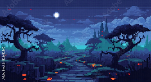 Pixel art landscape of a spooky path at night with glowing eyes, gnarled trees, and a distant castle under a full moon in blue tones.