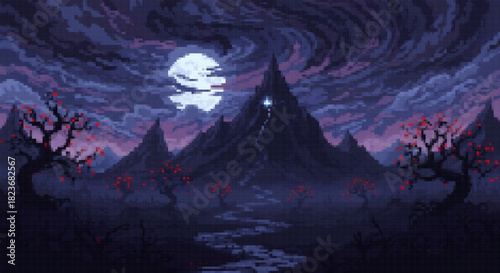Pixel art mystical mountain peak with a glowing shrine at the summit, surrounded by red-leafed trees under a swirling purple night sky.