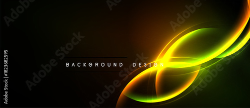 Abstract design features flowing orange, yellow, green light curves against dark background. Text reads background design. Simple, modern aesthetic.