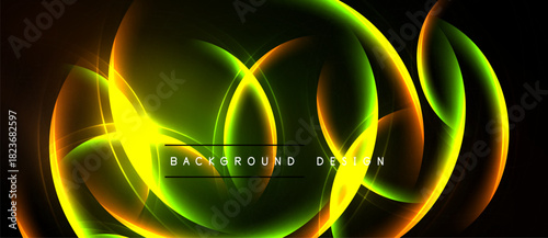 Abstract neon lights create dynamic circular shapes. Vivid green, yellow, orange hues blend against black backdrop. Modern design element.