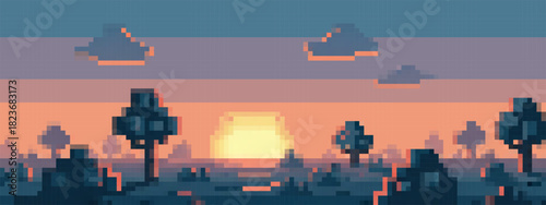 Pixel art sunset scene with a large yellow sun, orange and pink gradient sky, and dark tree silhouettes in the foreground.