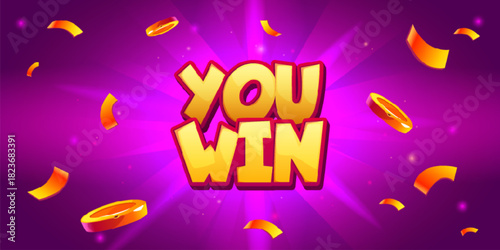Gold coin confetti explosion on pink background for casino bonus banner. Big win reward design with flying golden money, cartoon jackpot prize burst, lottery celebration and game promotion elements.