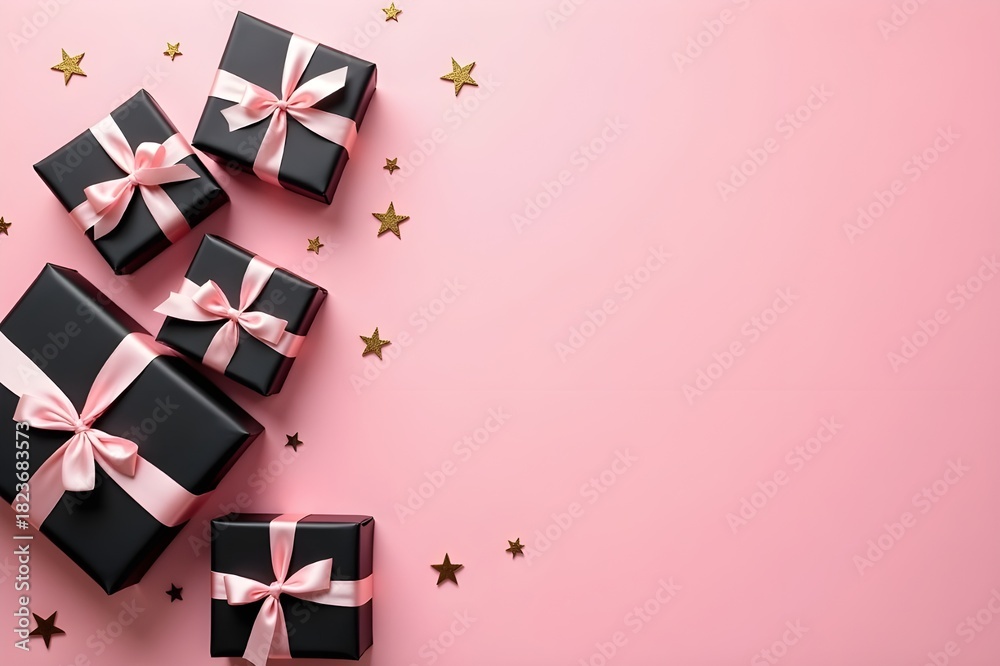 Obraz premium Elegant gift box flatlay with pink background and pink ribbon decorations for festive celebration themes