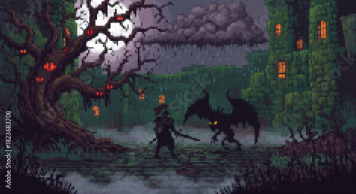 Pixel art dark fantasy battle scene featuring a knight facing a winged demon near a haunted tree with eyes during a rainy night.