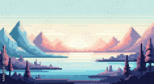Pixel art landscape of a calm lake at sunset with majestic mountains and silhouetted pine trees in the foreground.